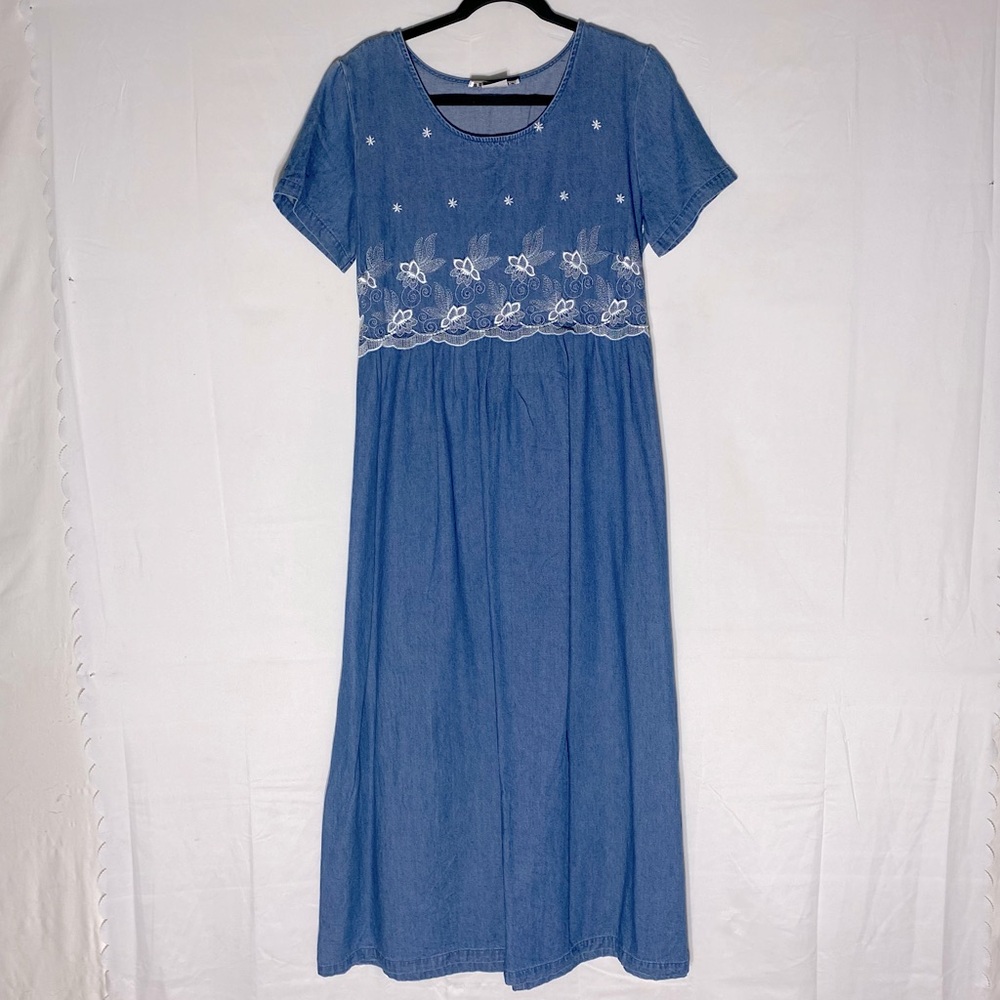 Vintage Uni Mondo Blue Denim Short Sleeve Embroidered Maxi Dress 8P Countrycore